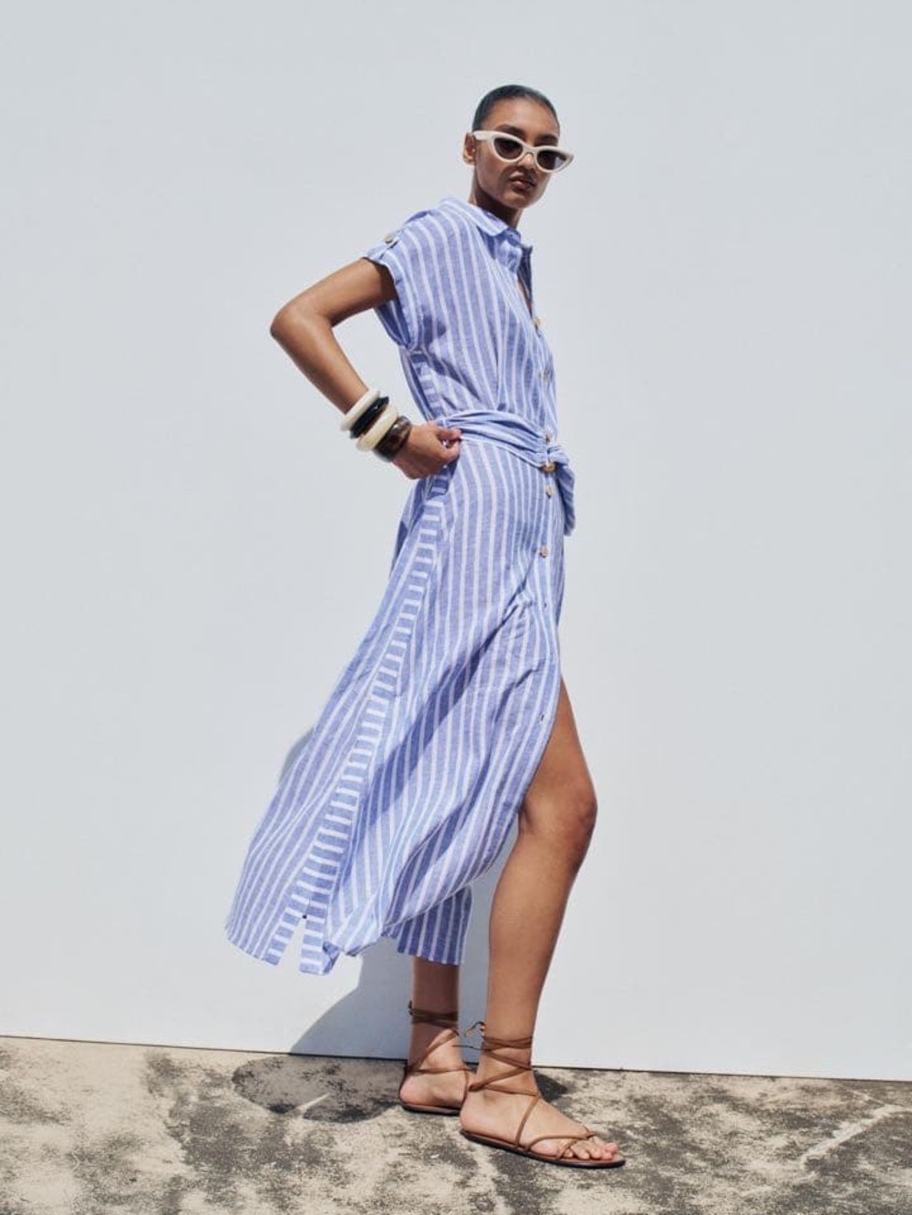 Zara Blue & White Striped Linen Blend Shirt Dress Midi Maxi size M coastal chic